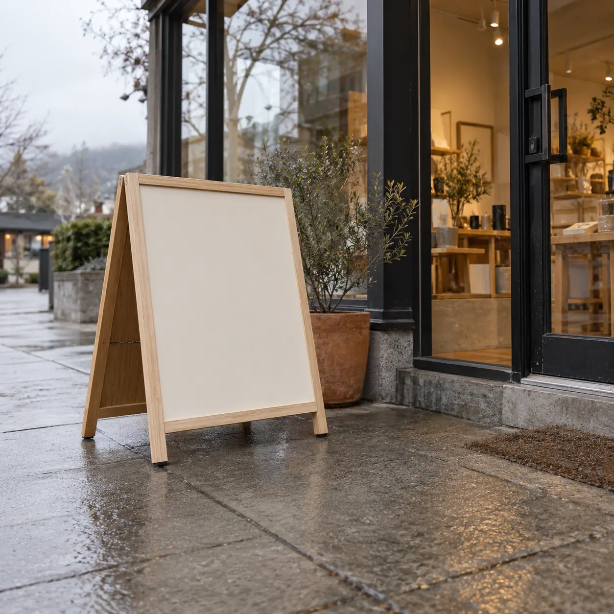A blank oak advertising board stands outside a glass storefront beside a terracotta planter on a rain-damp pavement.