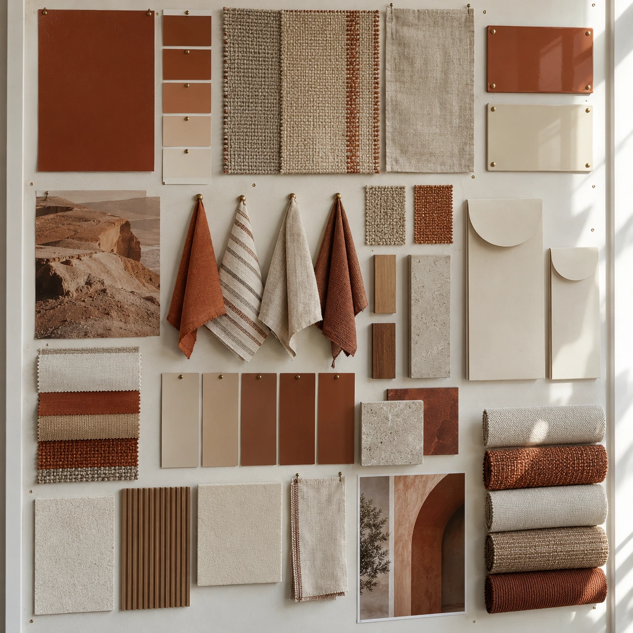 Coordinated colour swatches, fabrics and sign samples on a studio wall illustrate a consistent franchise branding system.