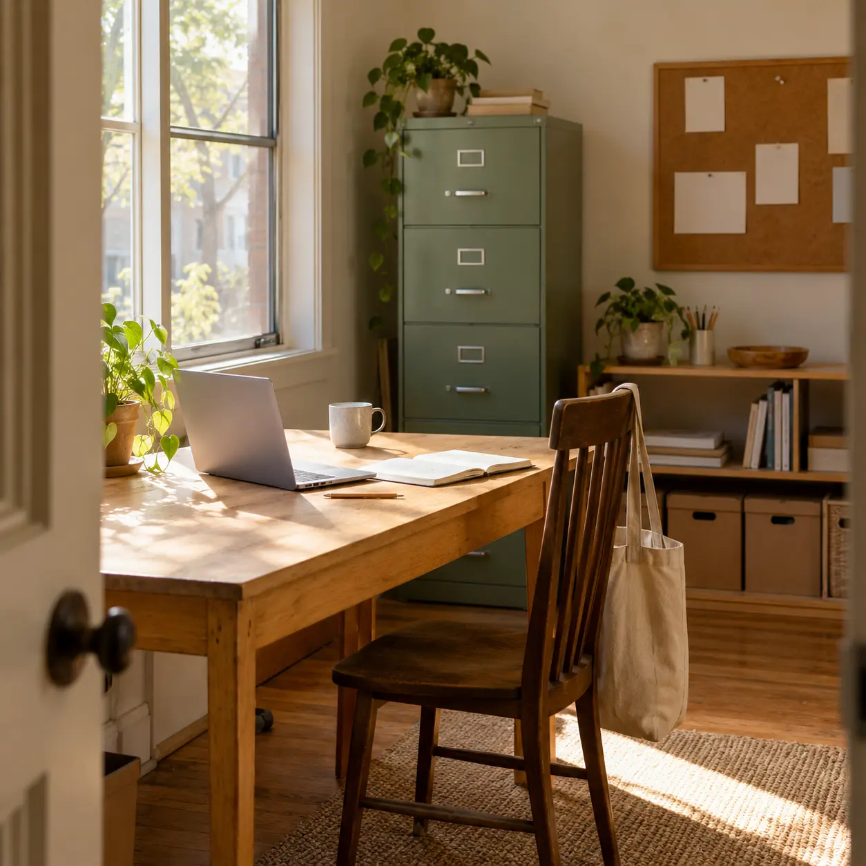 A sunlit community office holds a wooden desk with a laptop and notebook, a sage filing cabinet, plants and a canvas tote.