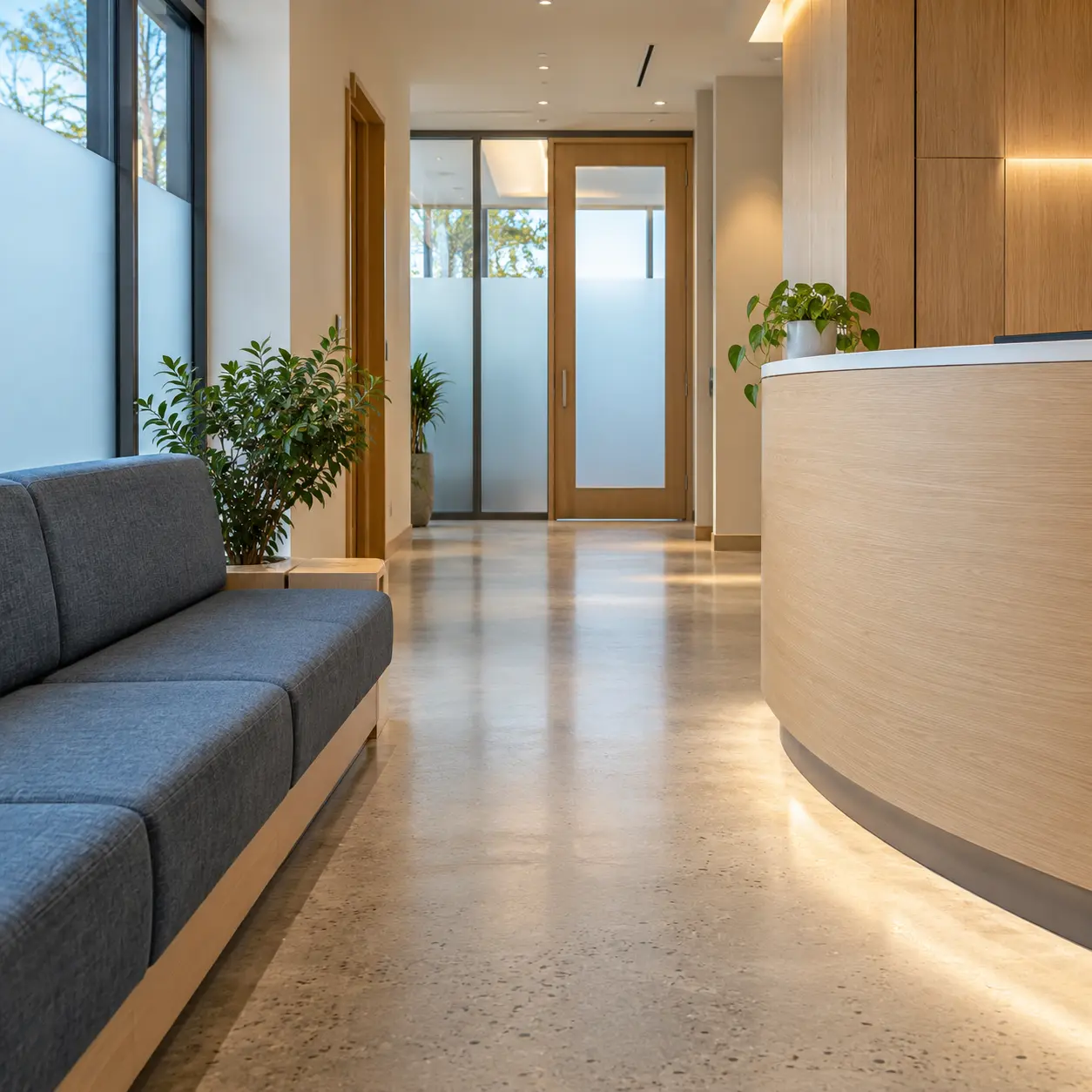 An empty clinic reception has a curved oak counter, a blue waiting bench and a clear path to a frosted-glass door.