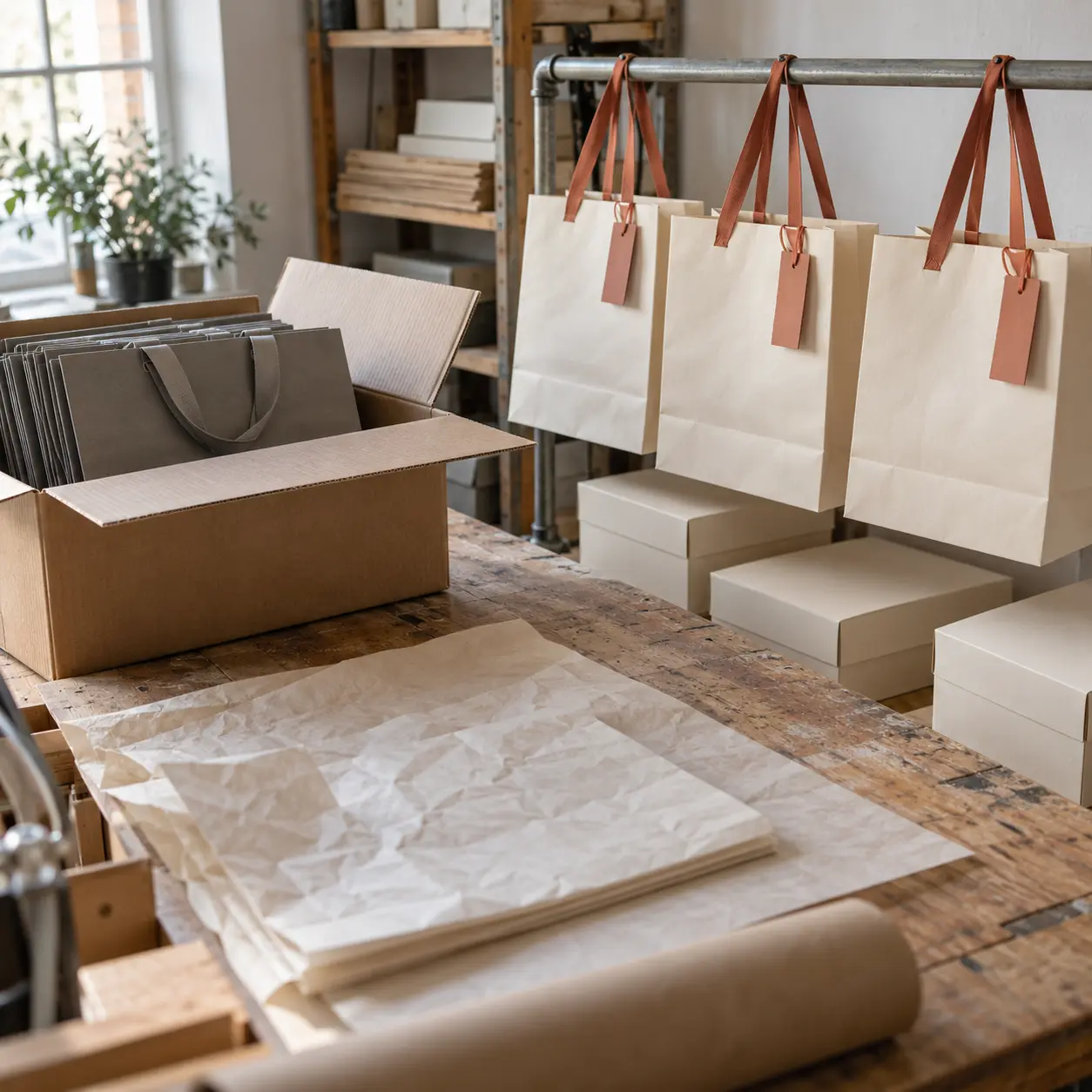 Grey shopping bags sit packed in a carton beside cream bags with terracotta handles and matching boxes at a packing station.