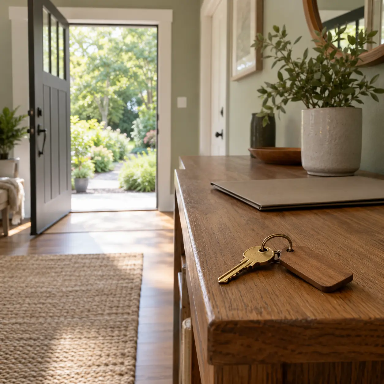 A plain brass key with a wooden tag rests on an oak console in a sage-painted entryway, with an open door to a garden.