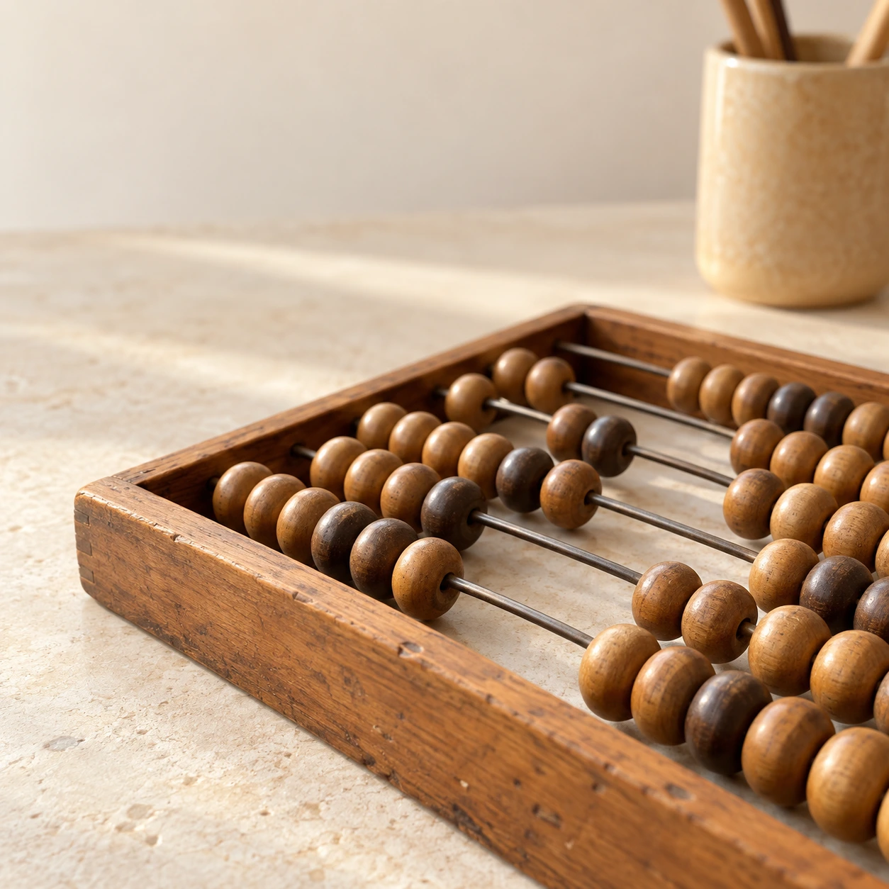 A worn wooden abacus with beads grouped along metal rods rests on a pale stone desk beside an ochre pencil cup.