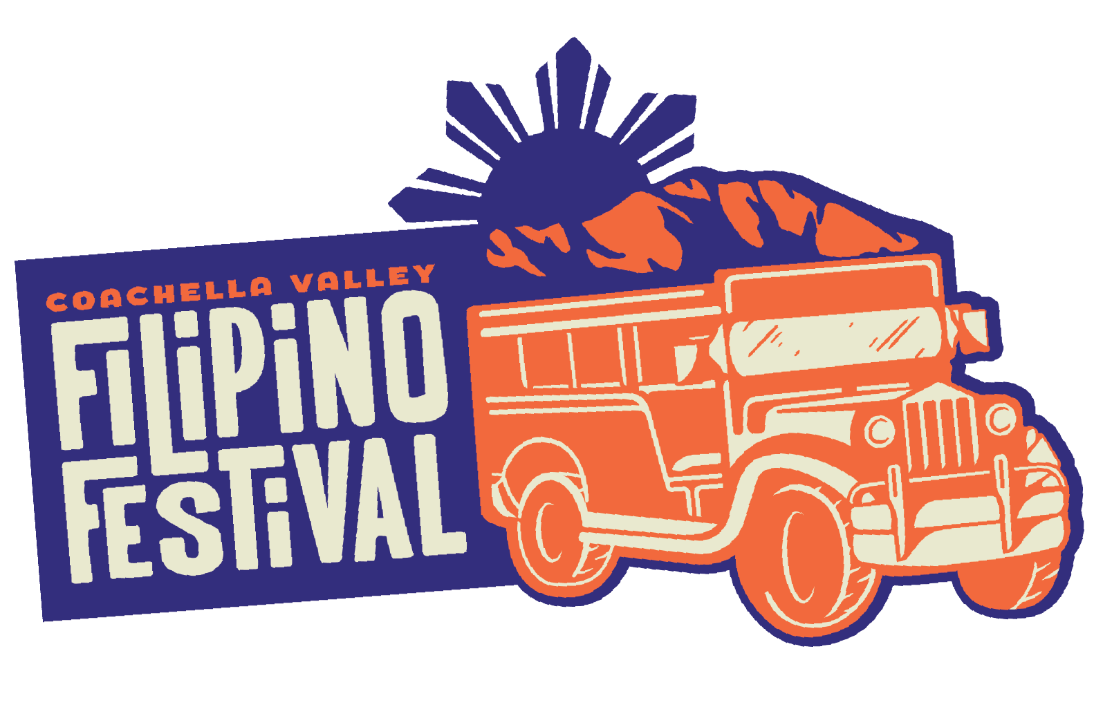 Coachella Valley Filipino Festival Full Color Logo of the type setting to the left and a orange jeepney to the right