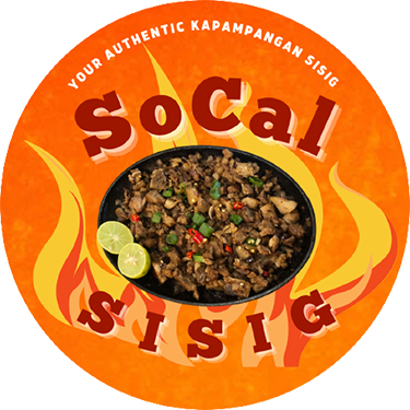 Logo with a bowl of Kapampangan sisig garnished with sliced calamansi and red chilies, surrounded by flames on an orange background with text 'SoCal SISIG' and 'Your Authentic Kapampangan Sisig'.
