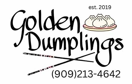 Logo for Golden Dumplings featuring three dumplings on a plate, crossed chopsticks, and the phone number (909) 213-4642.