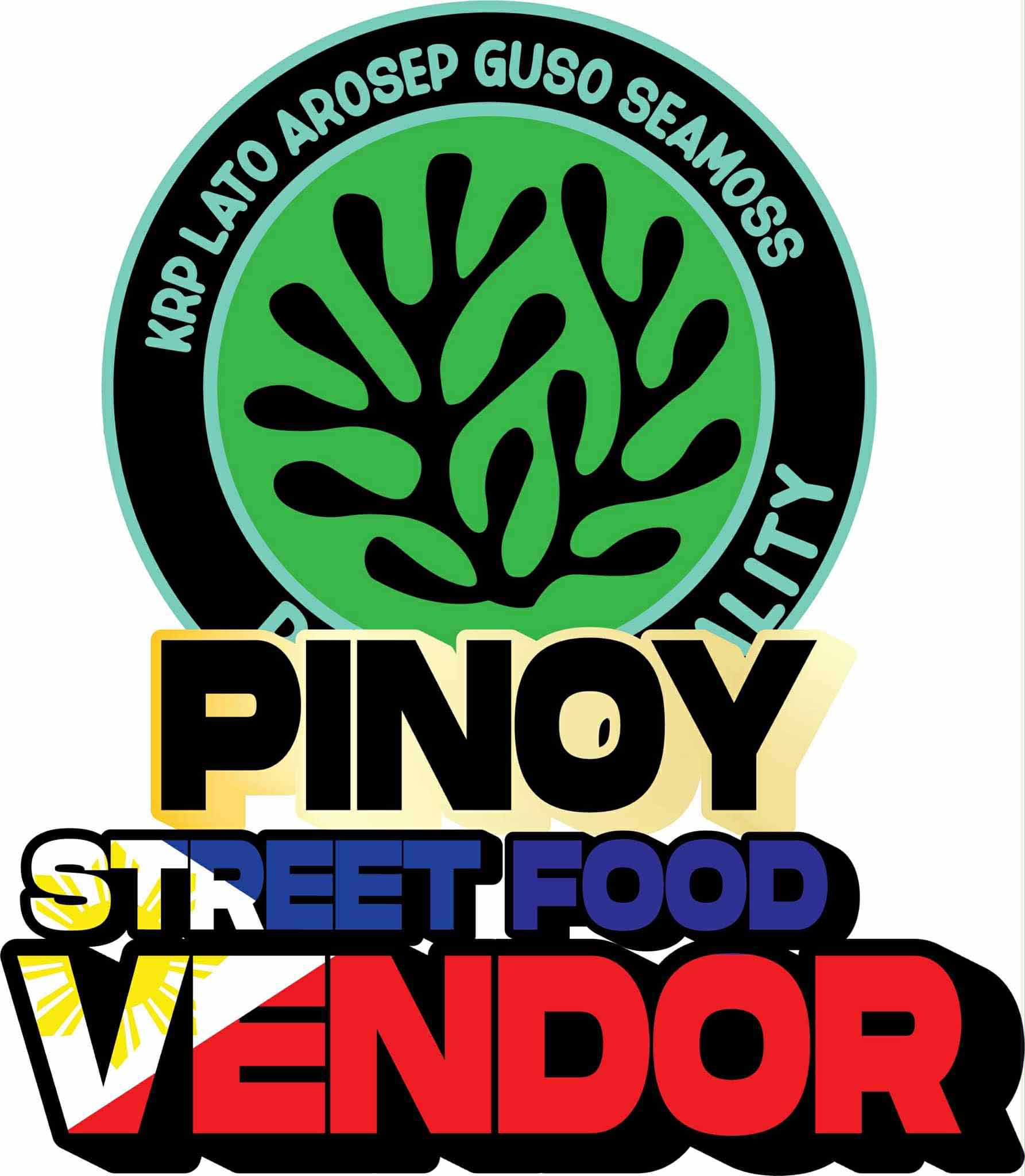 Logo with stylized seaweed design and text reading Pinoy Street Food Vendor with colors of the Philippine flag.