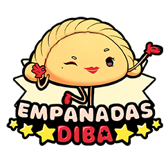 Cartoon empanada character holding a heart, winking above the text 'EMPANADAS DIBA' with stars.