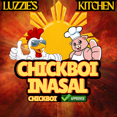 Logo with a cartoon chicken wearing sunglasses and a pig chef giving thumbs up in front of a stylized sun, with text reading 'Luzzie's Kitchen Chickboi Inasal Chickboi Approved.'