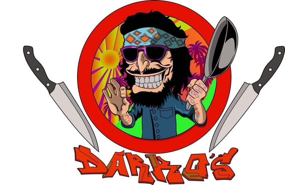 Cartoon chef with a bandana and sunglasses holding a spatula, framed by two knives and a red circle, with the text 'DARIO's' below.