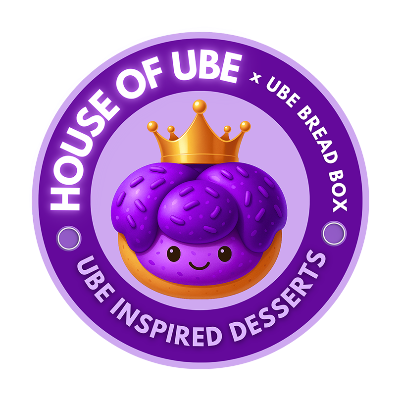 Logo with a cute purple dessert character wearing a golden crown, surrounded by text reading 'HOUSE OF UBE x UBE BREAD BOX' and 'UBE INSPIRED DESSERTS' in a purple circular badge.