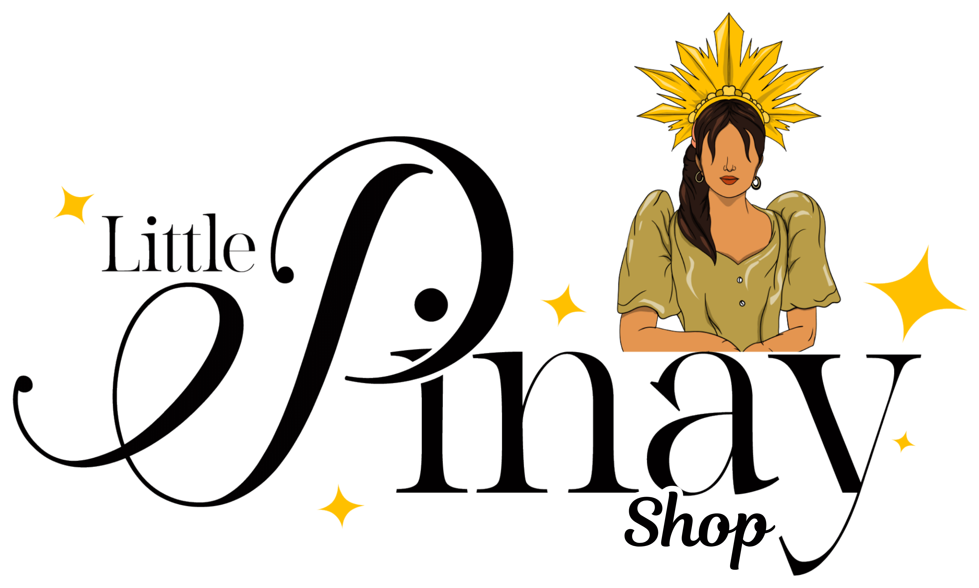 Logo of Little Pinay Shop featuring stylized text with a Filipina woman wearing traditional dress and a golden sun crown.
