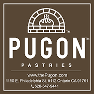 Pugon Pastries logo with a brick oven illustration above the brand name and contact details below.