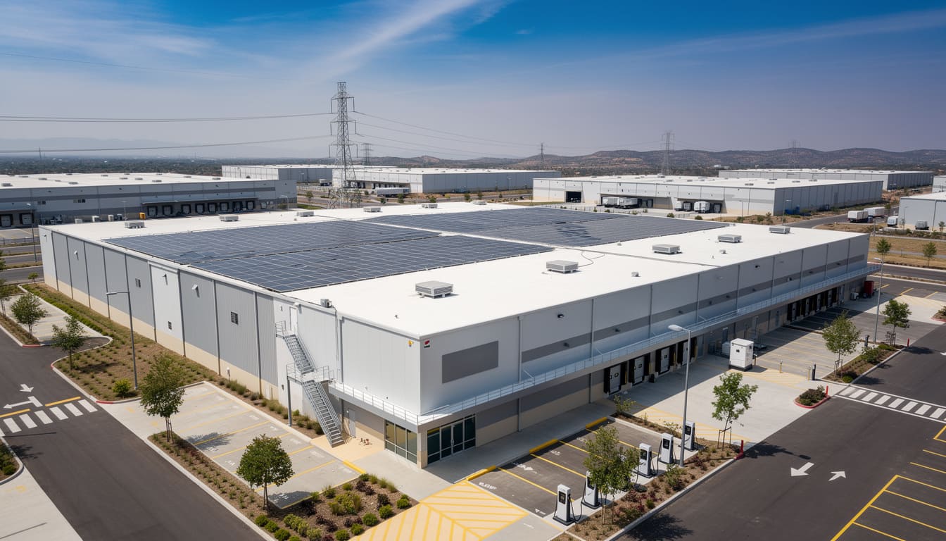 Nave industrial con paneles solares en azotea y torres de transmisión en un parque industrial mexicano