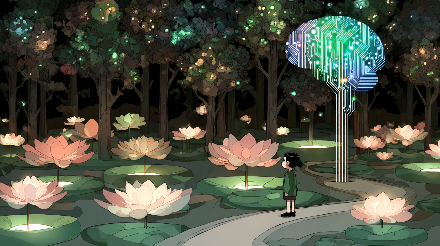 An anime style setting of a girl overlooking some lotus flowers that are lit by a circuit board brain