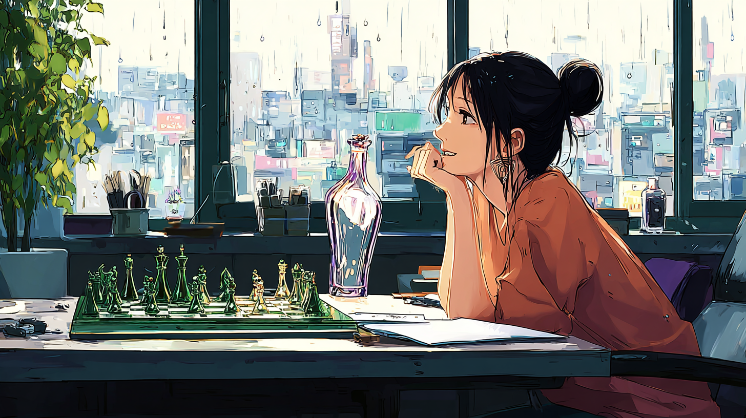 A young woman in an orange shirt overlooking a window with a chessboard on the table. A metropolis is visible through the window.