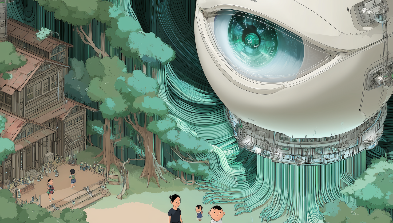 A surreal, huge robotic eyes hidden behind trees overlooking a cottage in the woods as a family relaxes on the glass