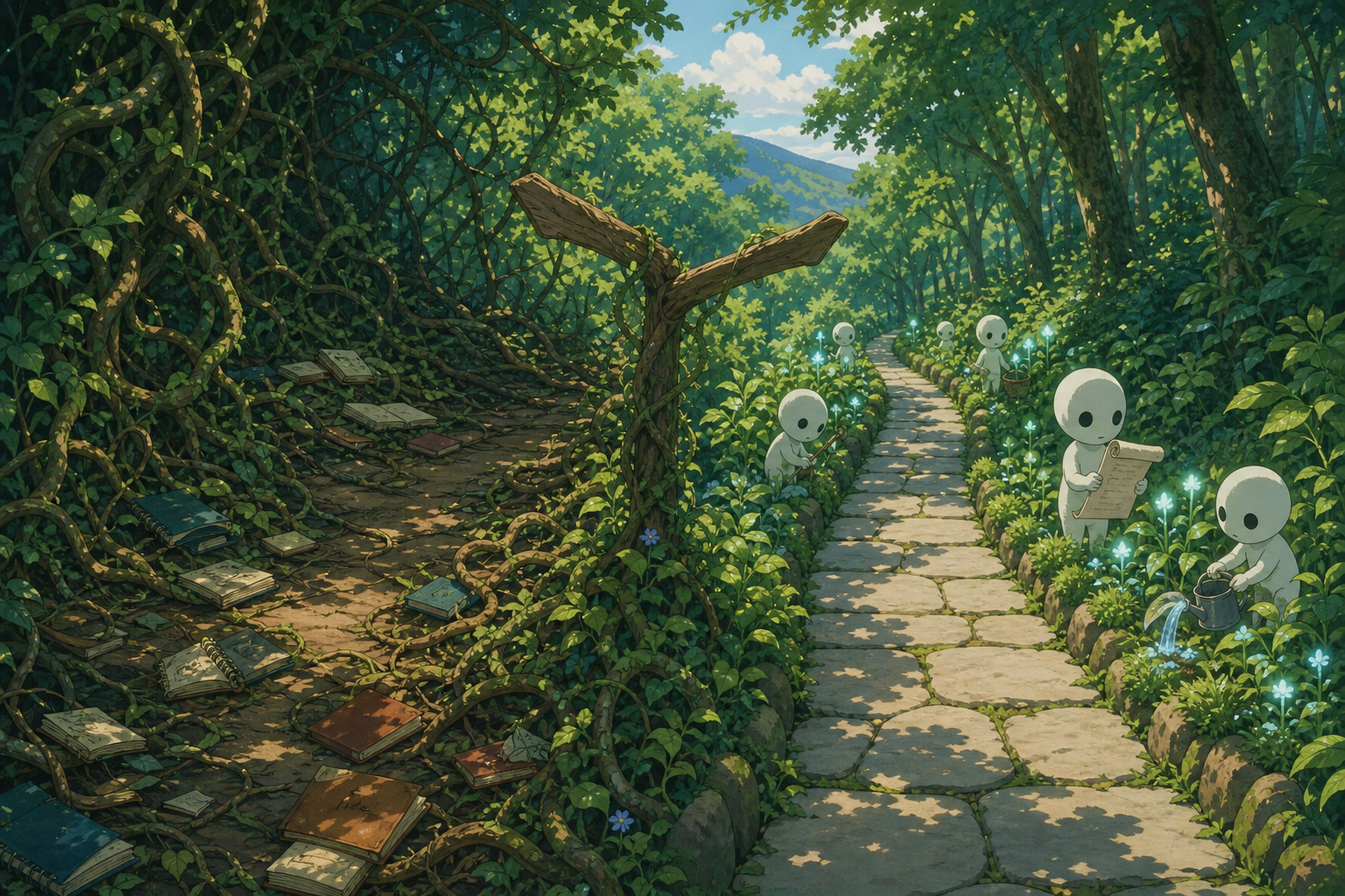 Forest path fork showing tangled wild vines versus an orderly walkway with a checklist scroll
