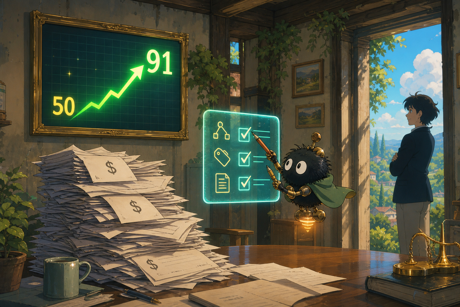 Ghibli-style SEO scoreboard climbing from 50 to 91 with kodama sprites auditing a website