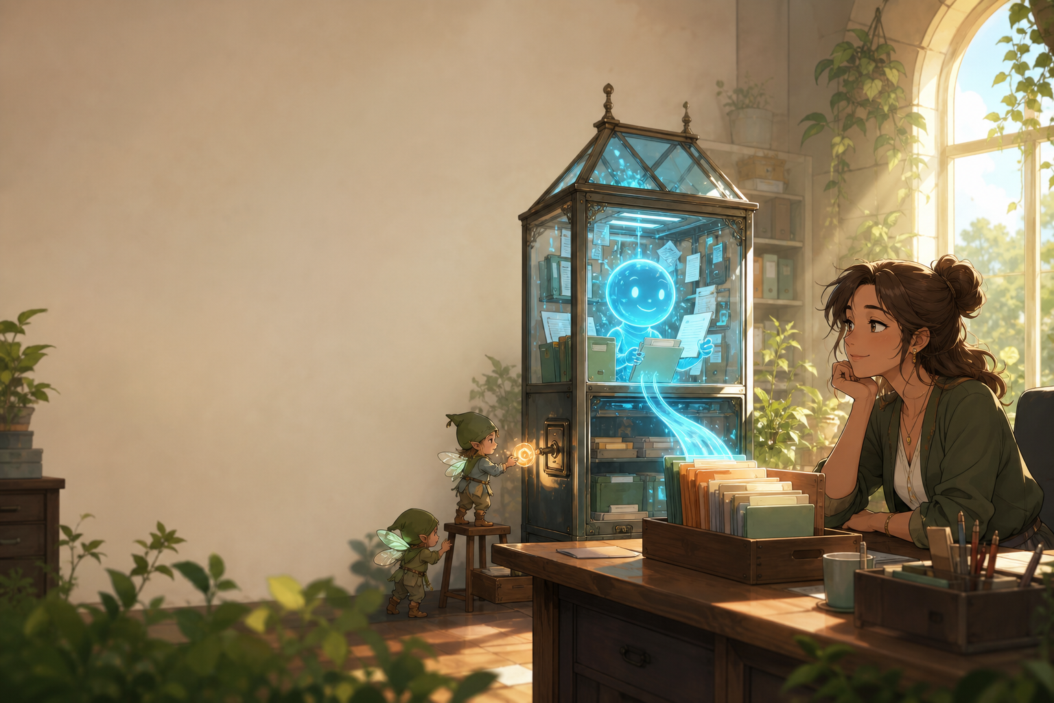 A relieved recruiter watches a glowing paper-sorting assistant work safely inside a transparent cabinet beside the desk.