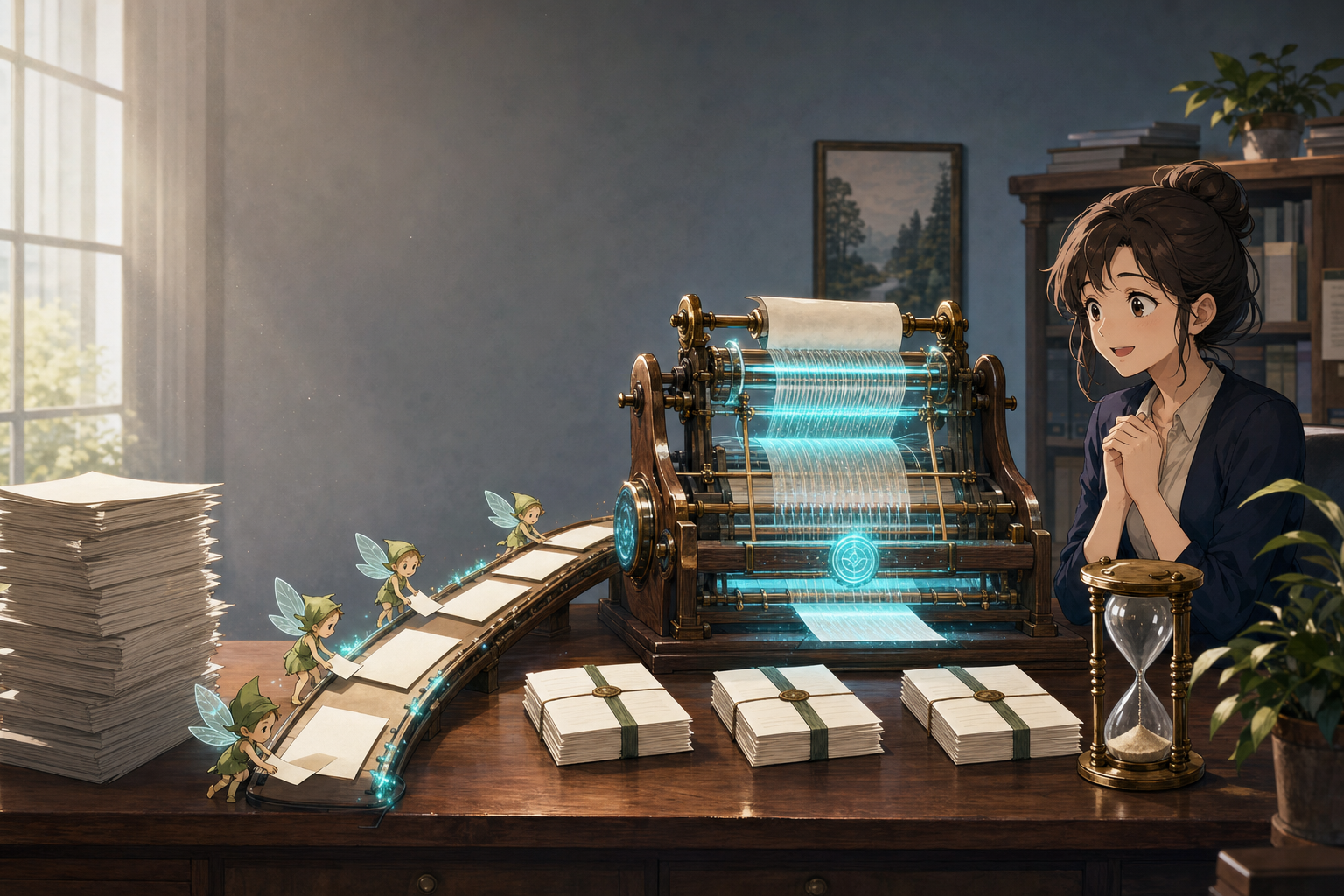 A relieved paralegal watches a glowing drafting loom turn a tall stack of blank case papers into neat smaller bundles.