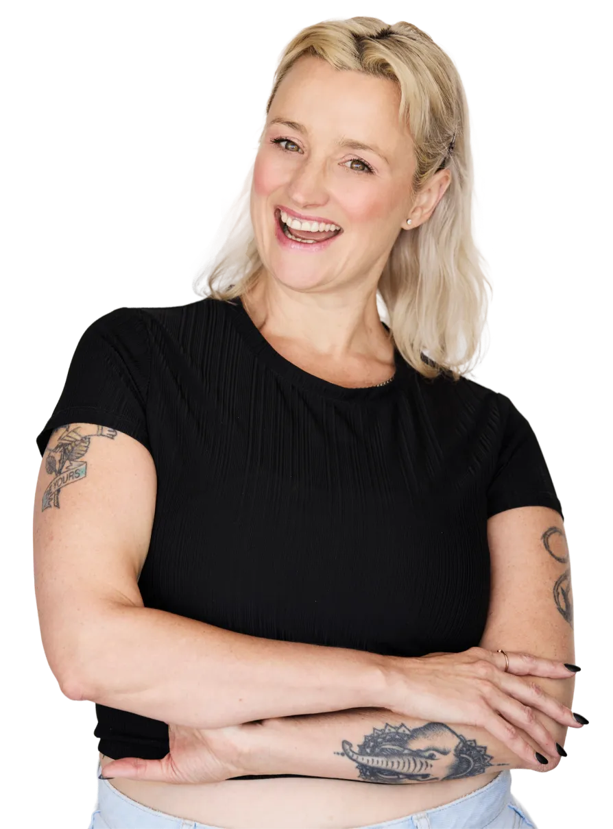 A woman with a tattoo on her arm.