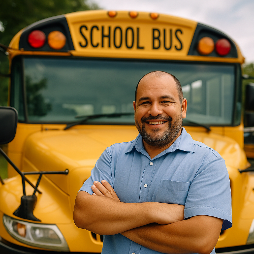 Smiling man with folded arms standing in front of a yellow school bus.