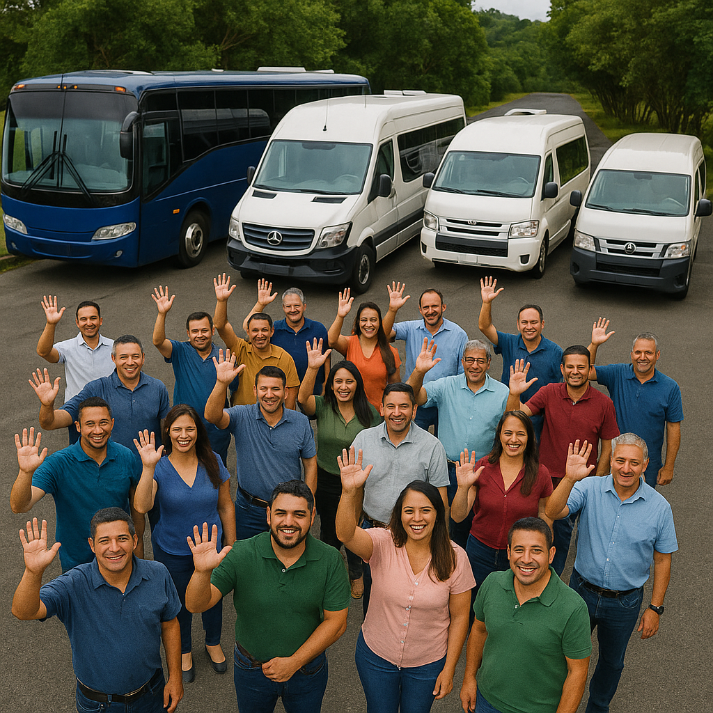 Group of 22 smiling professionals waving, standing on road in front of blue coach bus and three white vans surrounded by greenery.