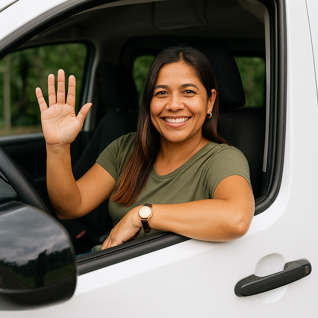 Smiling woman waving from the driver's seat of a white vehicle.