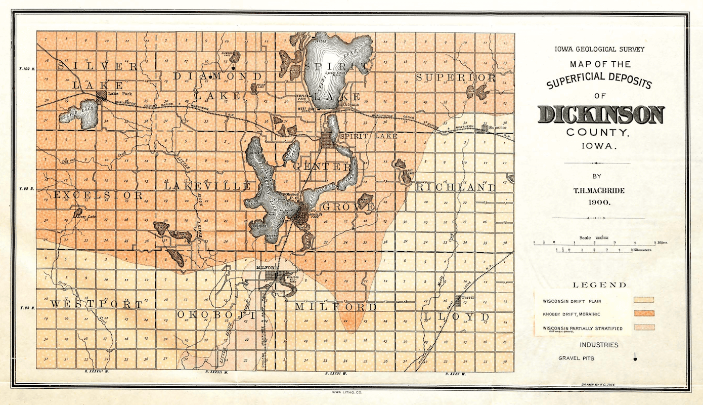 Iowa mineral deposit map near Lake Okoboji from 1990's