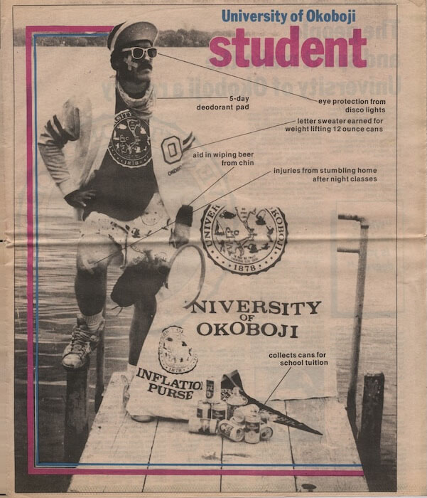 A retro flyer from the University of Okoboji with a man on a dock by the lake.