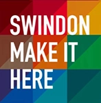 Logo with colorful geometric shapes and text reading 'Swindon Make It Here'.