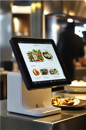 Tablet on white stand displaying a digital menu with food images in a restaurant setting.