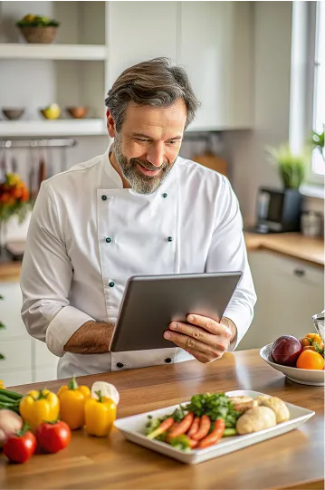 Smiling chef in white uniform looking at a tablet in a kitchen with fresh vegetables and food on the counter.