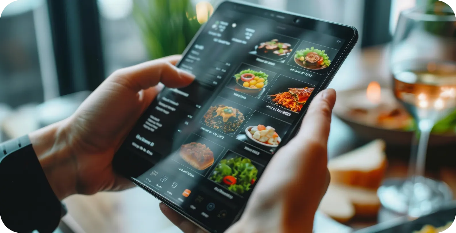 Person holding a smartphone displaying a food delivery app with pictures of various dishes.
