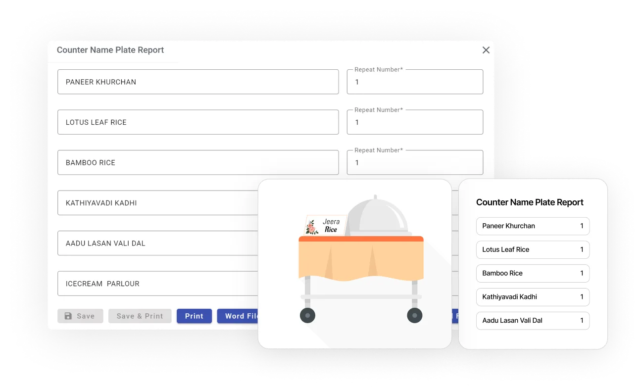 Counter Name Plate Report interface showing a list of food items with repeat numbers, alongside an illustration of a food cart with a nameplate labeled 'Jeera Rice'.