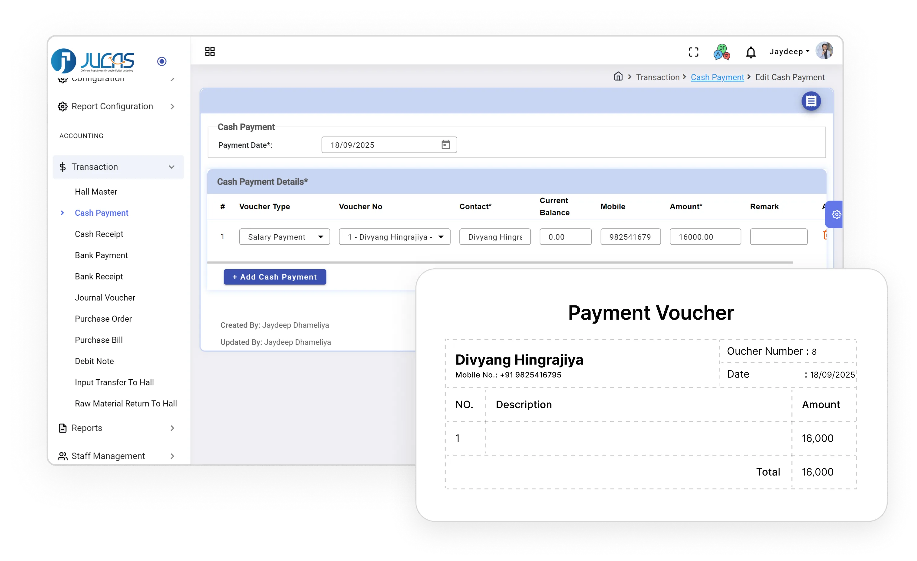 Finance management software interface showing an editable cash payment entry for Divyang Hingrajiya with details including payment date, voucher type, contact, balance, mobile number, amount, and a payment voucher summary displaying voucher number 8, date 18/09/2025, and total amount 16,000.