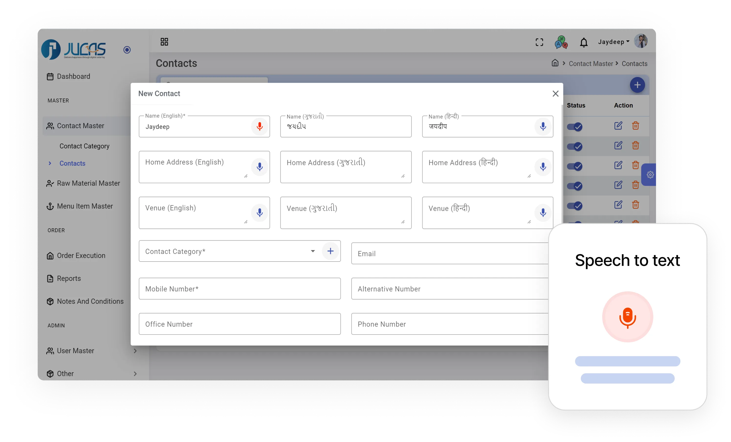 User interface of a contact management system showing a new contact form with fields for name, home address, venue in English, Gujarati, and Hindi, plus category, email, and phone numbers, featuring speech-to-text microphone icons.