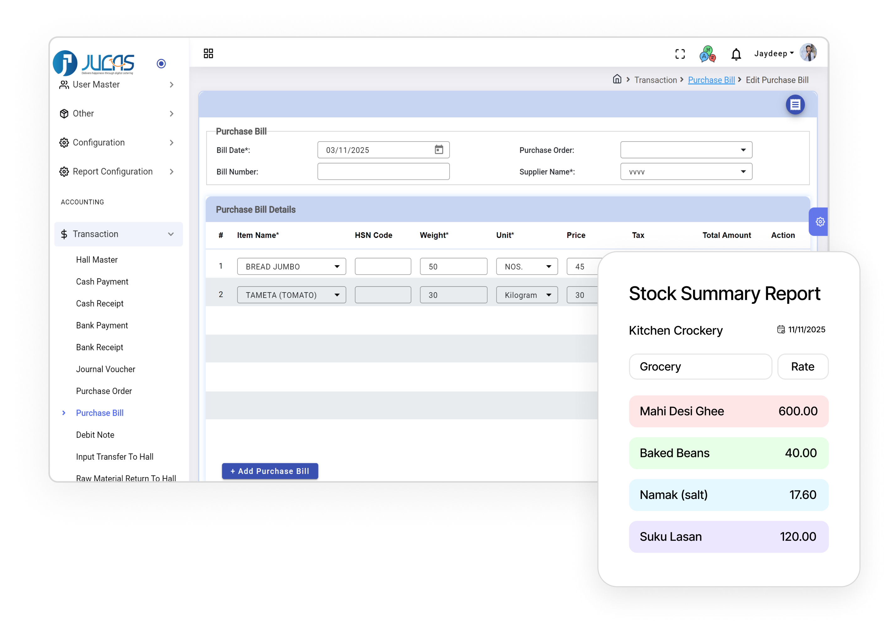 Digital purchase bill interface showing items Bread Jumbo and Tameta (Tomato) with quantities and prices, alongside a stock summary report listing Mahi Desi Ghee, Baked Beans, Namak (salt), and Suku Lasan with respective rates.