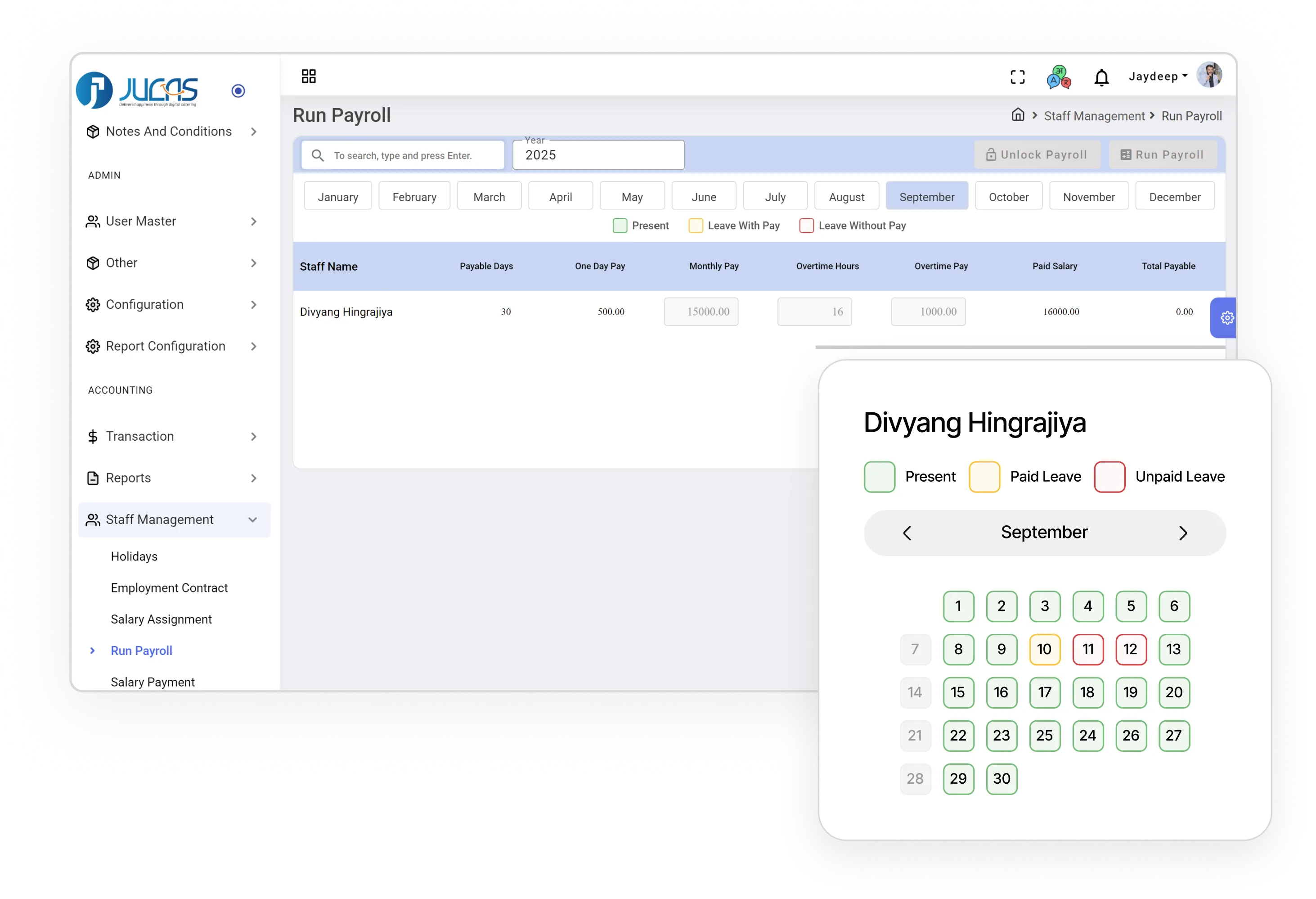 Payroll management interface showing staff attendance and payroll details for Divyang Hingrajiya in September 2025 with present, paid leave, and unpaid leave days marked on a calendar.