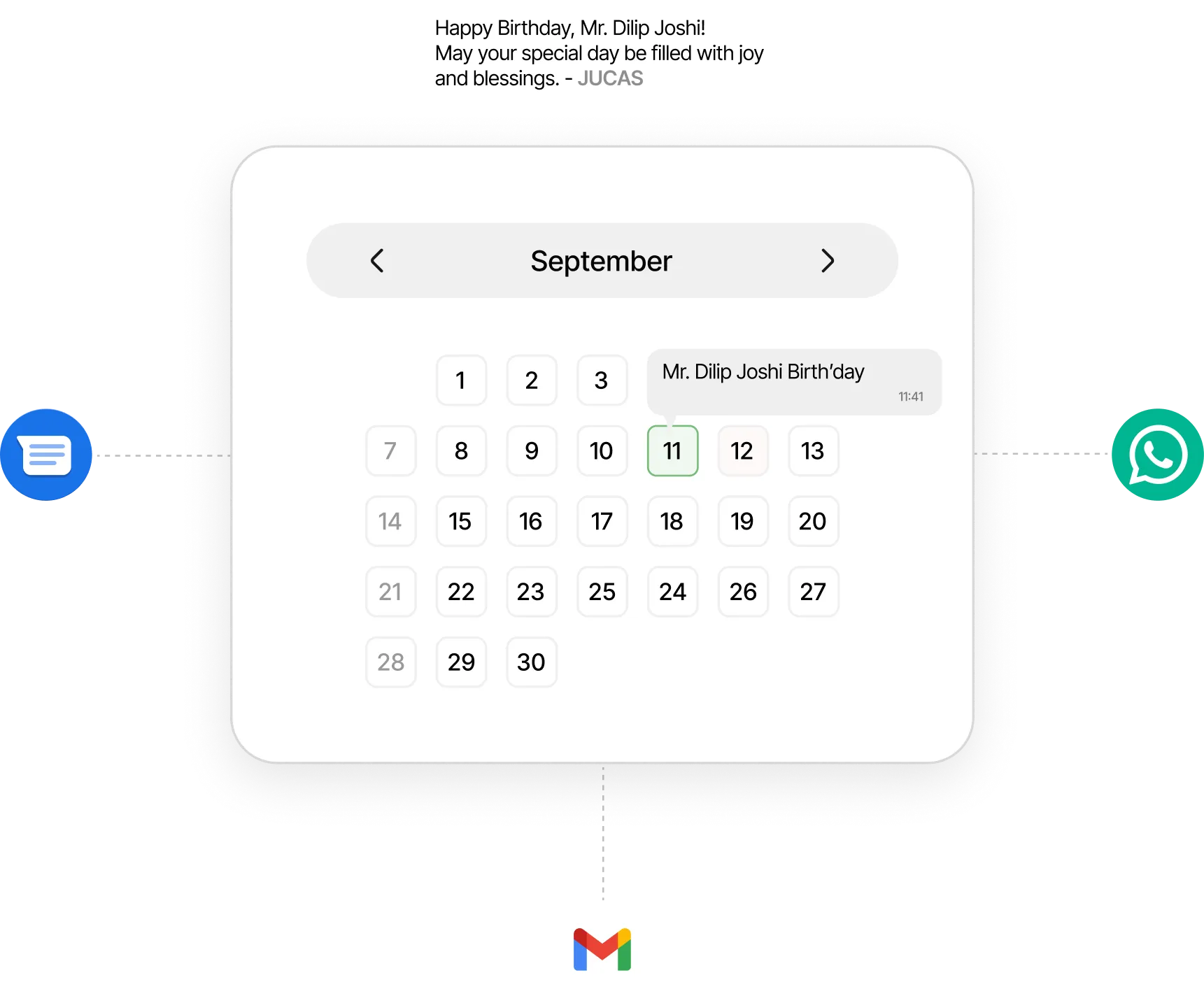 Digital calendar for September highlighting the 11th with a note 'Dilipbhai Joshi Birth’day' and a message above saying 'Happy Birthday, Dilip Bhai Joshi! May your special day be filled with joy and blessings. - JUCAS'.
