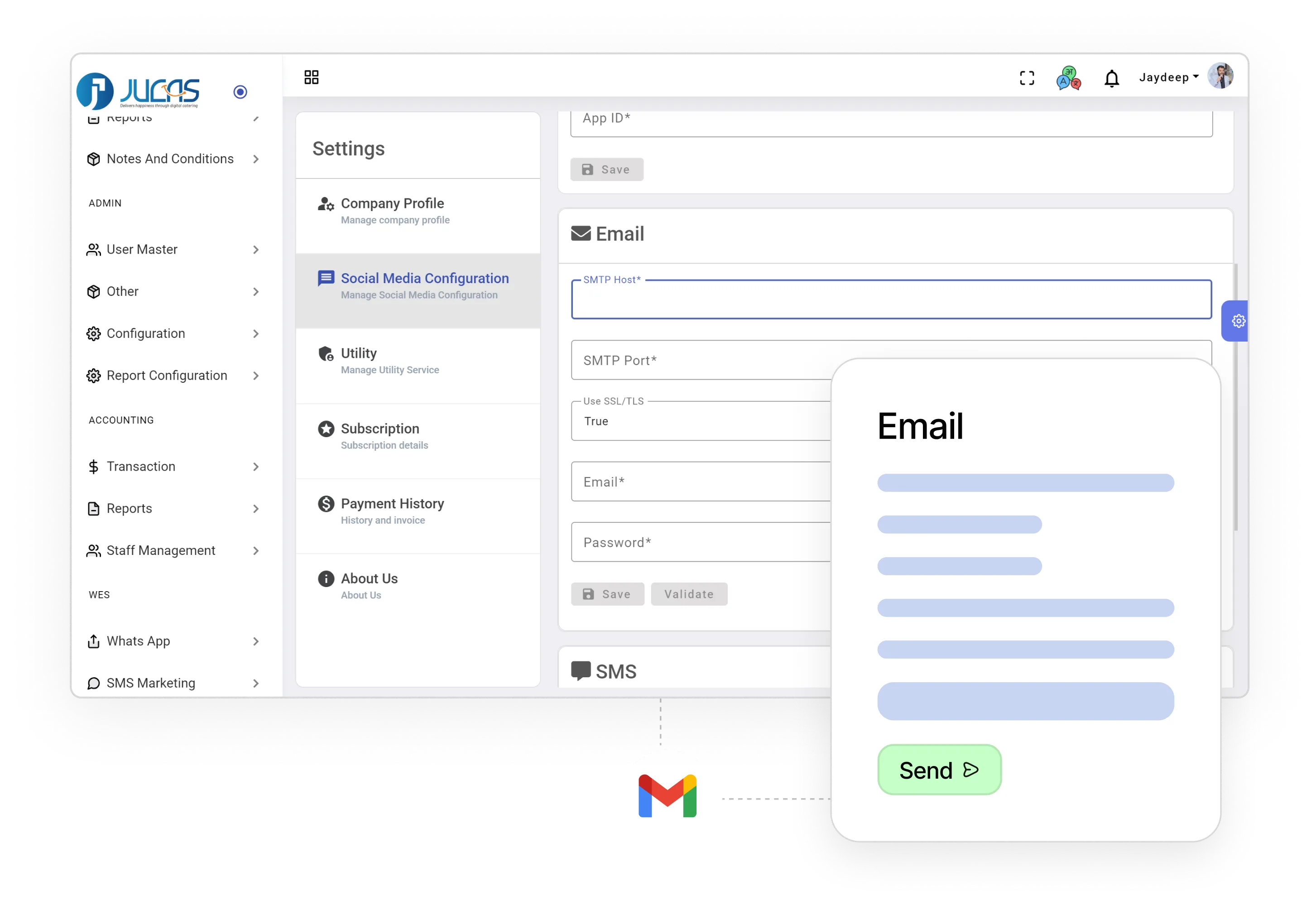 Dashboard interface showing email settings configuration with fields for SMTP Host, SMTP Port, Email, and Password, alongside a pop-up email form with a send button.
