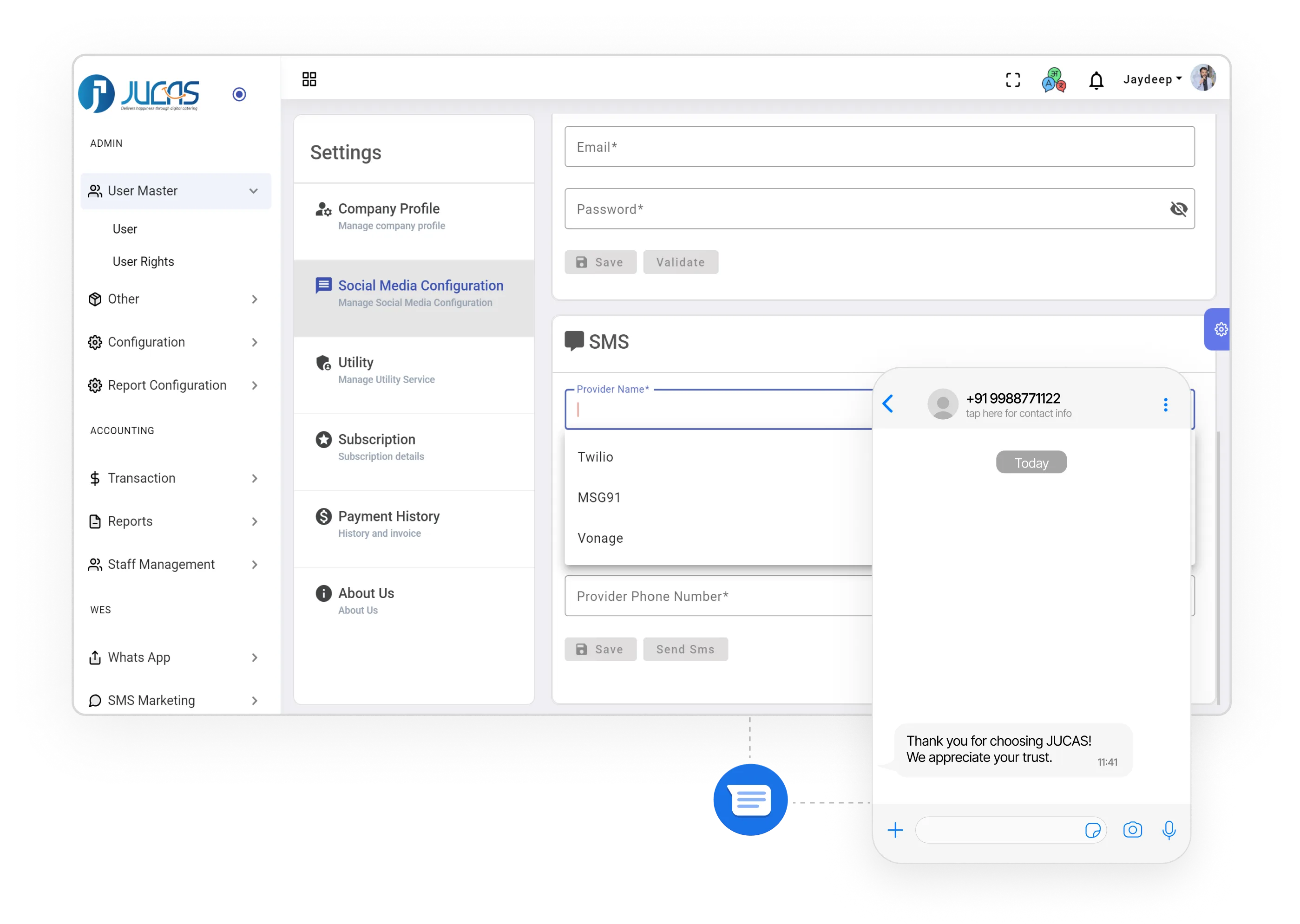 Admin dashboard screen showing settings with social media configuration selected and SMS provider list including Twilio, MSG91, and Vonage, alongside a smartphone screen displaying a thank you SMS message from JUCAS.