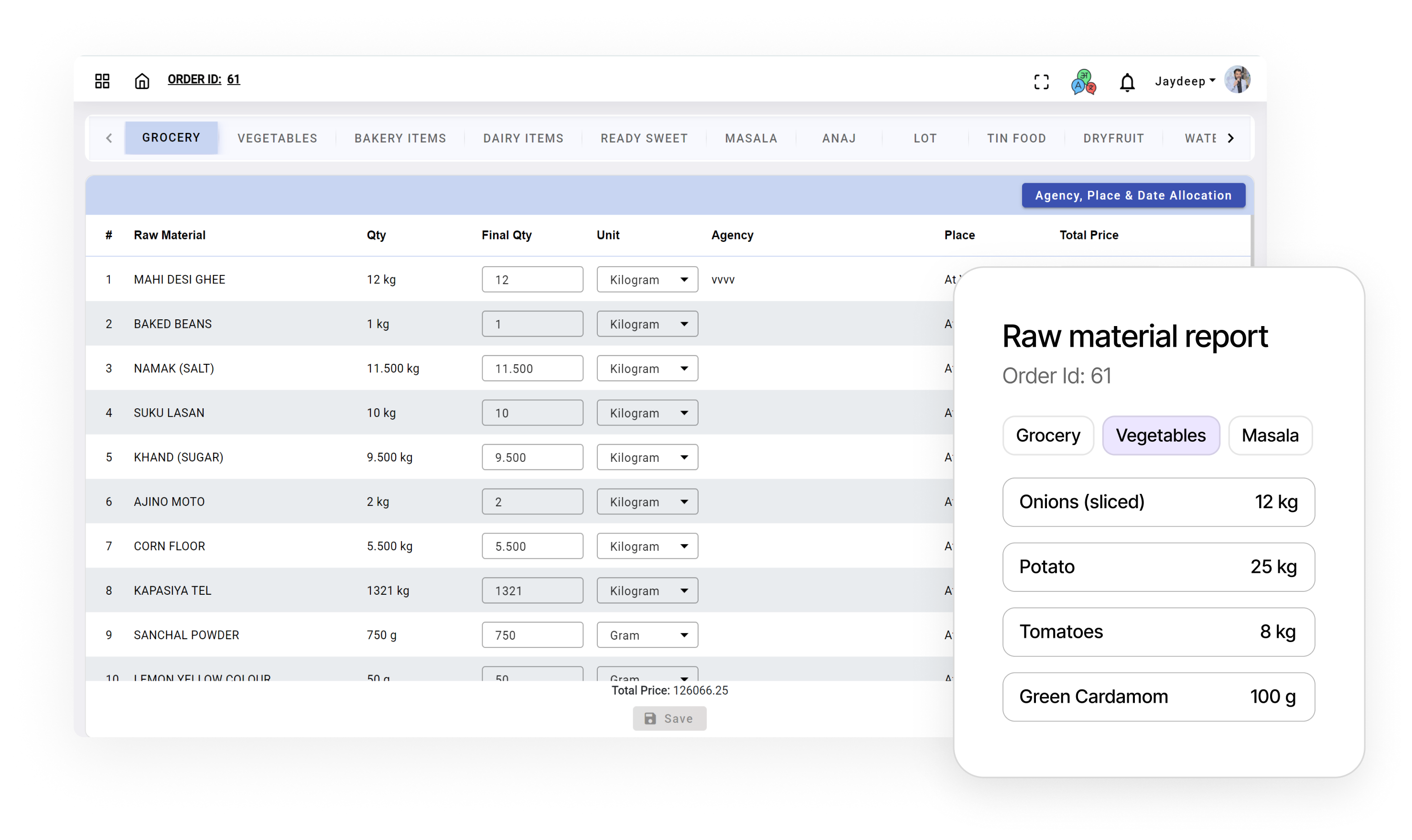 Dashboard showing a raw material report for order 61 with categories, quantities, units, agencies, and places listed, and a focused summary of vegetables including onions, potato, tomatoes, and green cardamom.