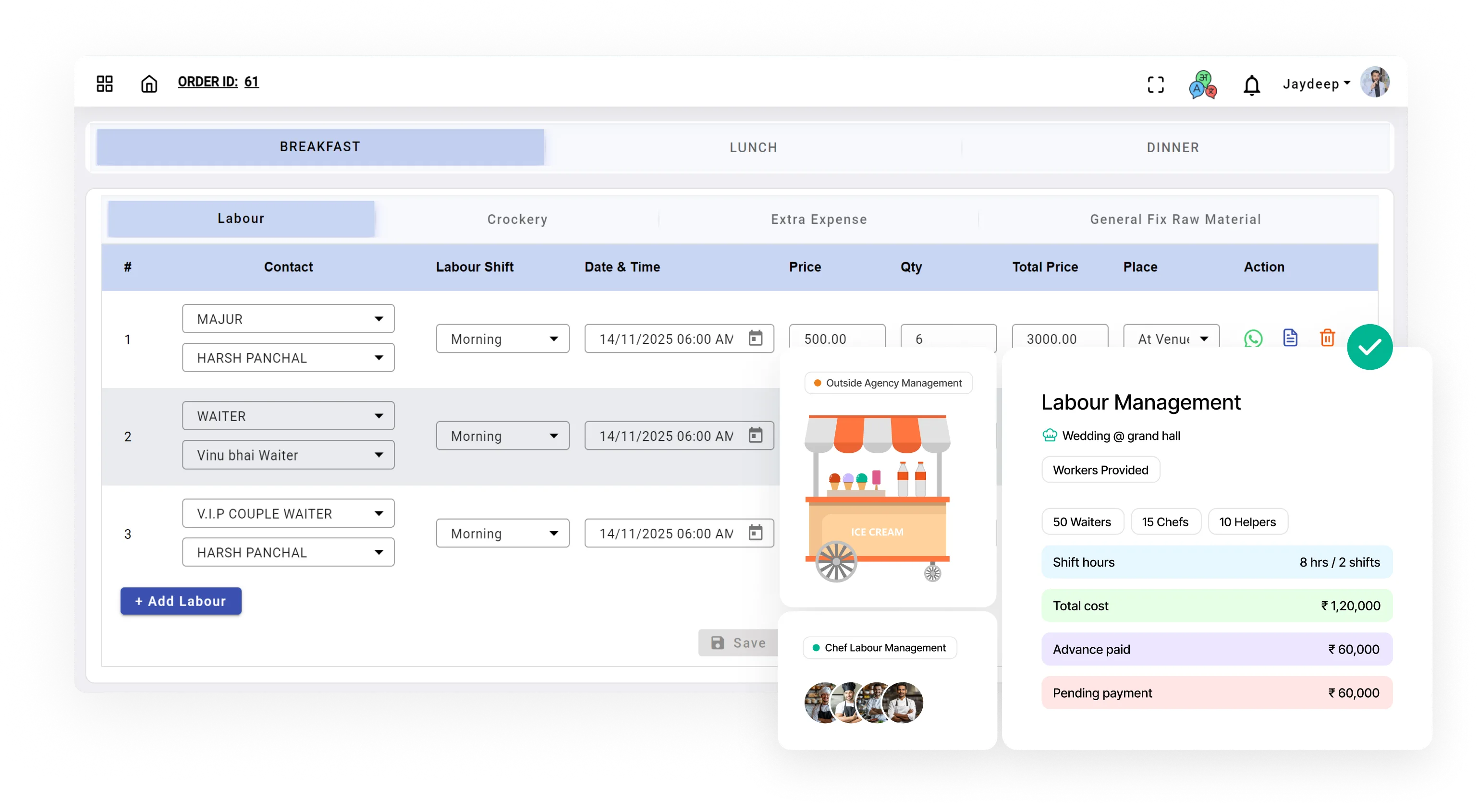 Digital labour management interface showing an order with labour shifts, contacts, prices, and a summary panel detailing workers provided, shift hours, costs, advance paid, and pending payment for a wedding event.