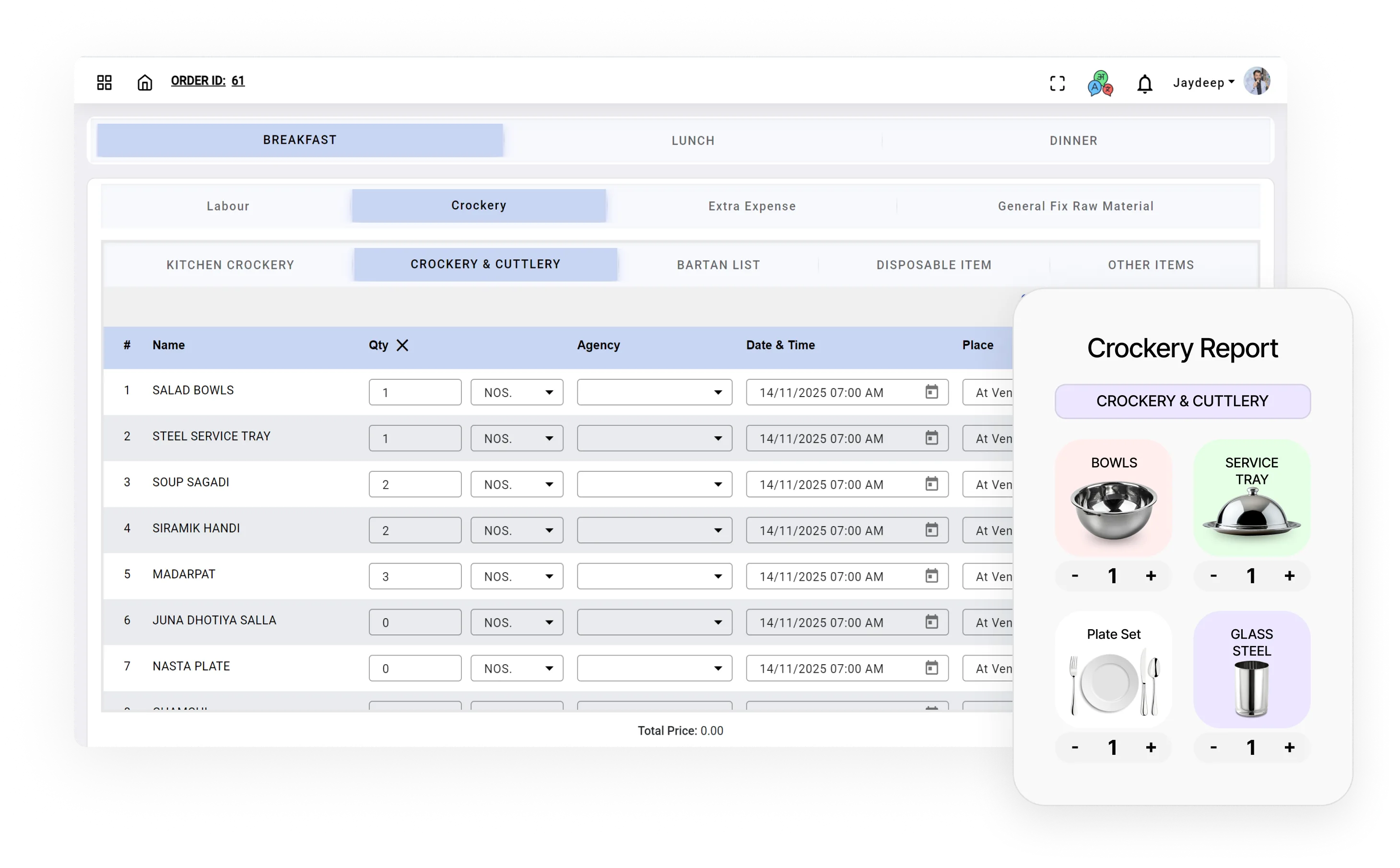 User interface showing a crockery and cutlery order management screen with a list of items, quantities, agencies, date & time, and place, alongside a crockery report summary with images and quantity controls for bowls, service tray, plate set, and glass steel.