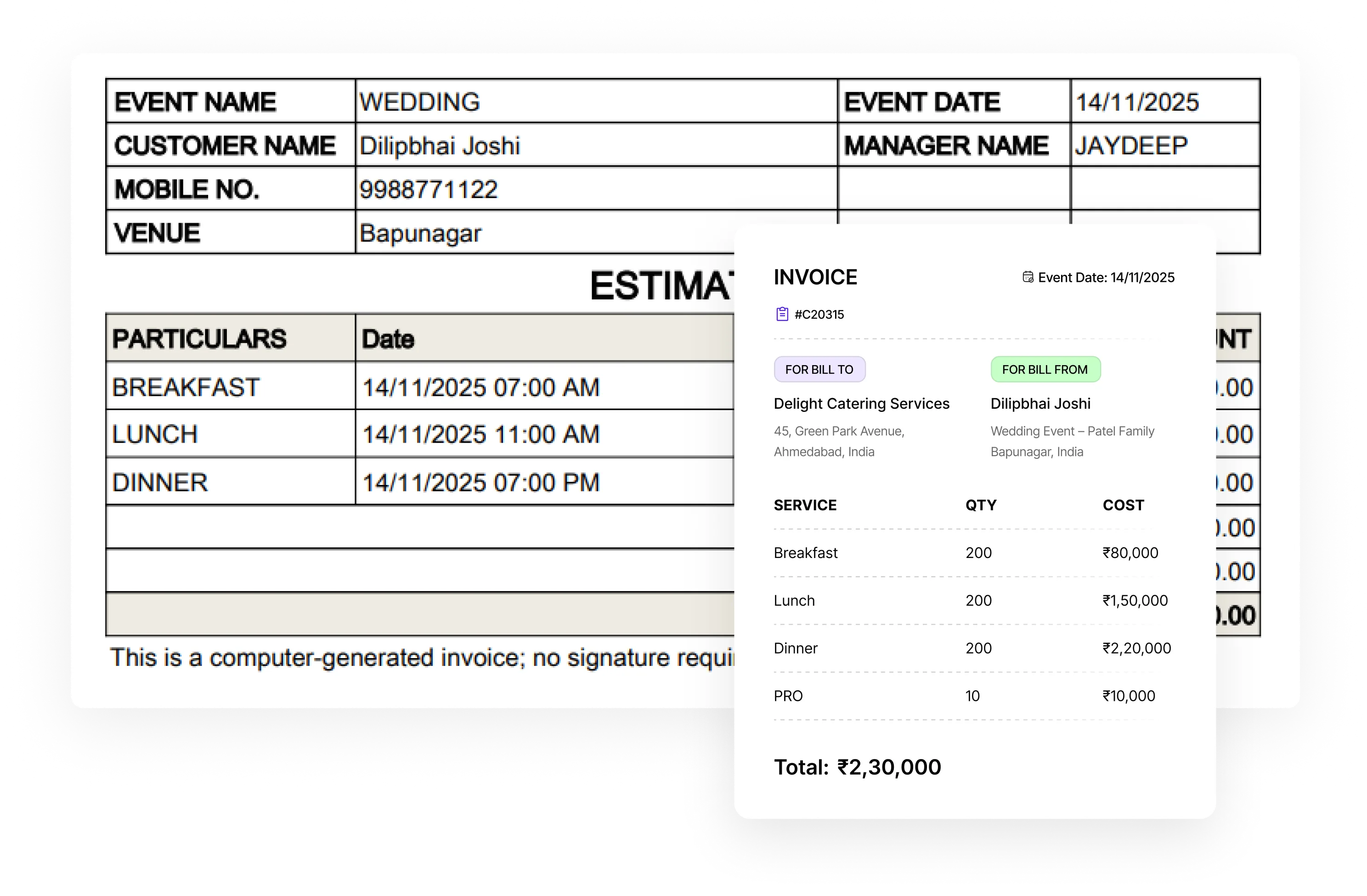Wedding event invoice dated 14/11/2025 for customer Dilipbhai Joshi at Bapunagar venue, detailing breakfast, lunch, dinner timings and costs, with catering services billed to Delight Catering Services.