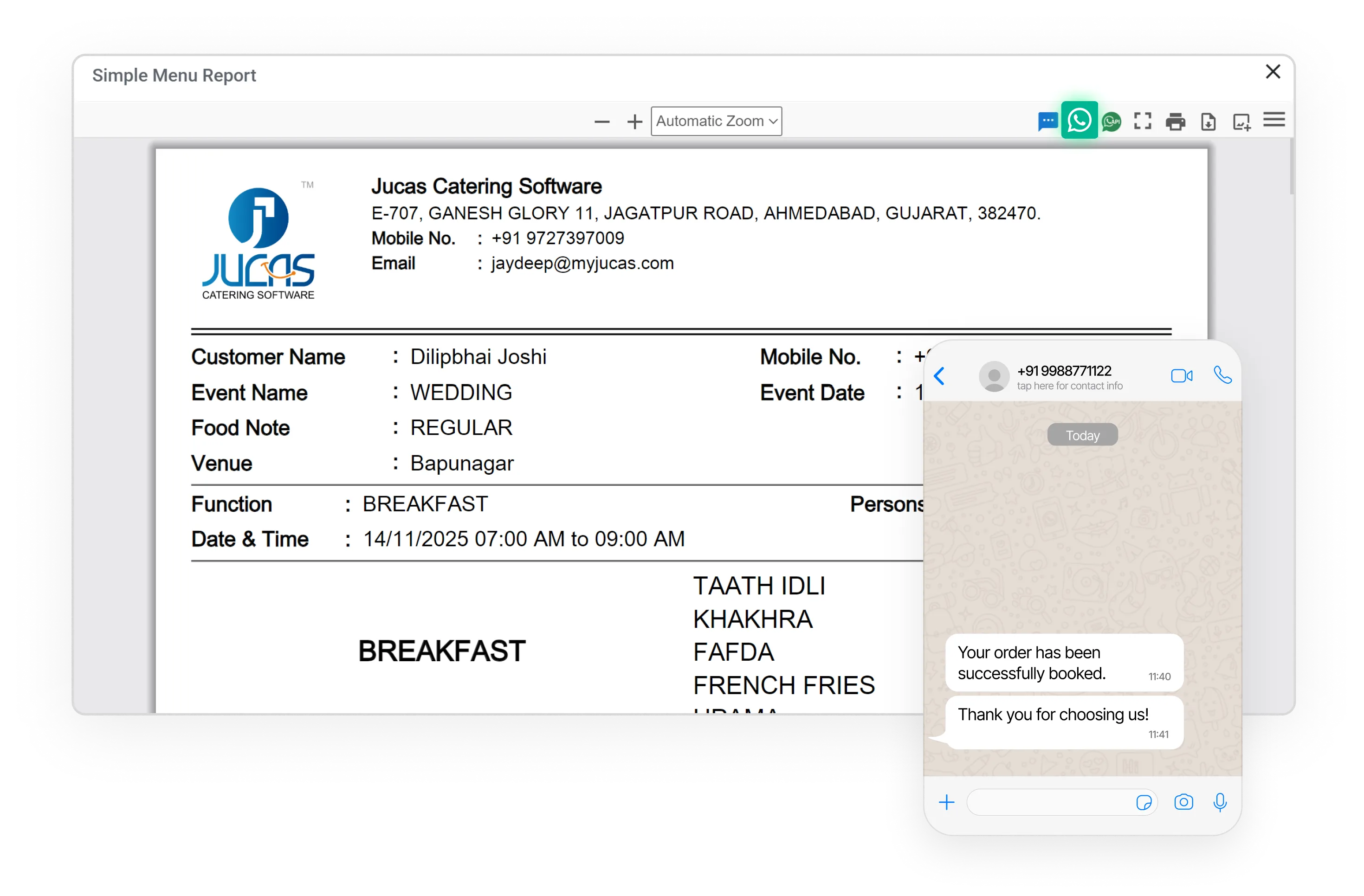 Jucas Catering Software menu report for Dilipbhai Joshi's wedding breakfast on 14/11/2025 with menu items and WhatsApp chat showing order confirmation messages.