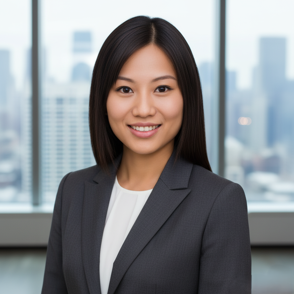 Smiling professional Asian woman with straight black hair wearing a dark gray suit jacket and white blouse, standing in front of a blurred office window with cityscape.