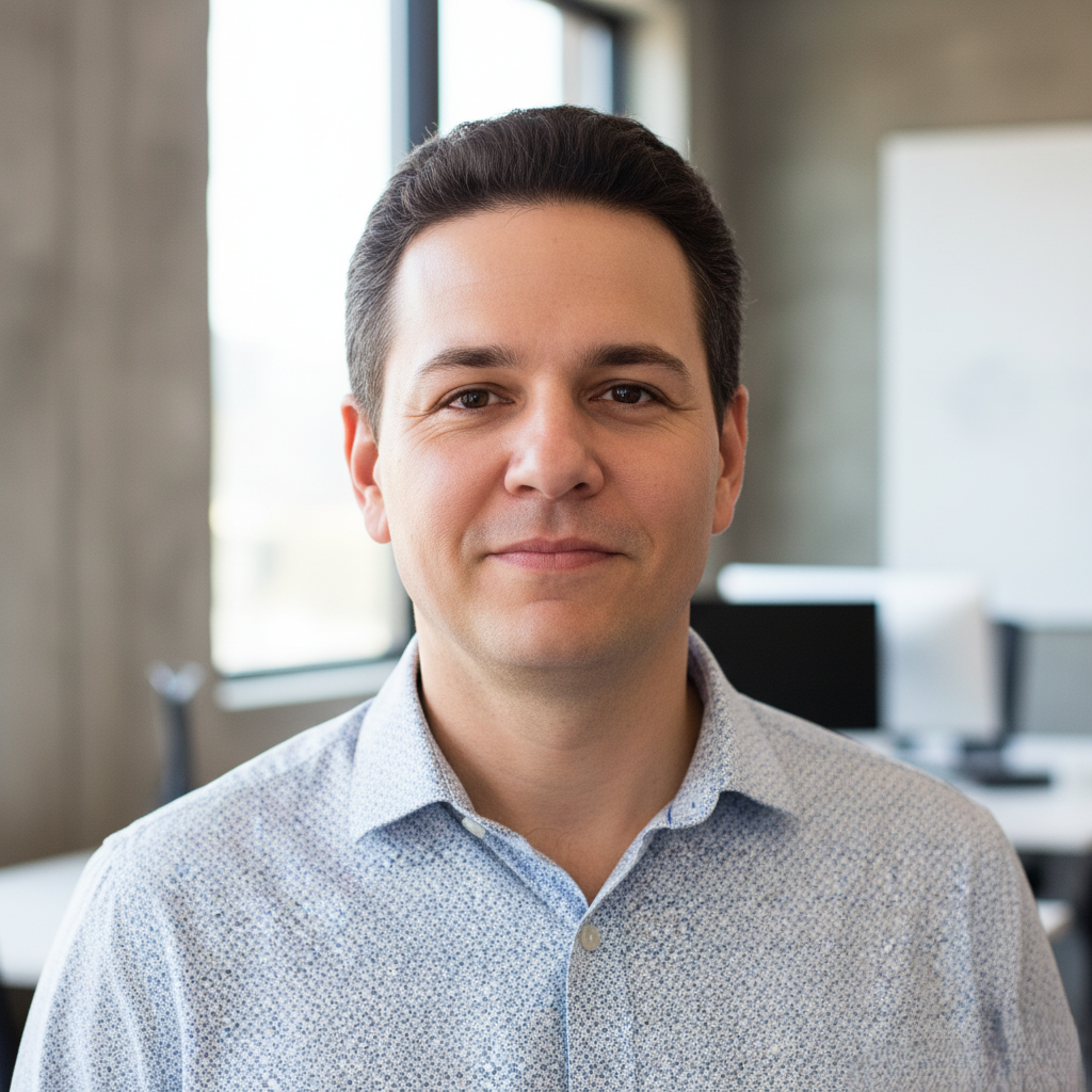 Smiling man with dark hair wearing a light blue patterned shirt in a modern office setting.